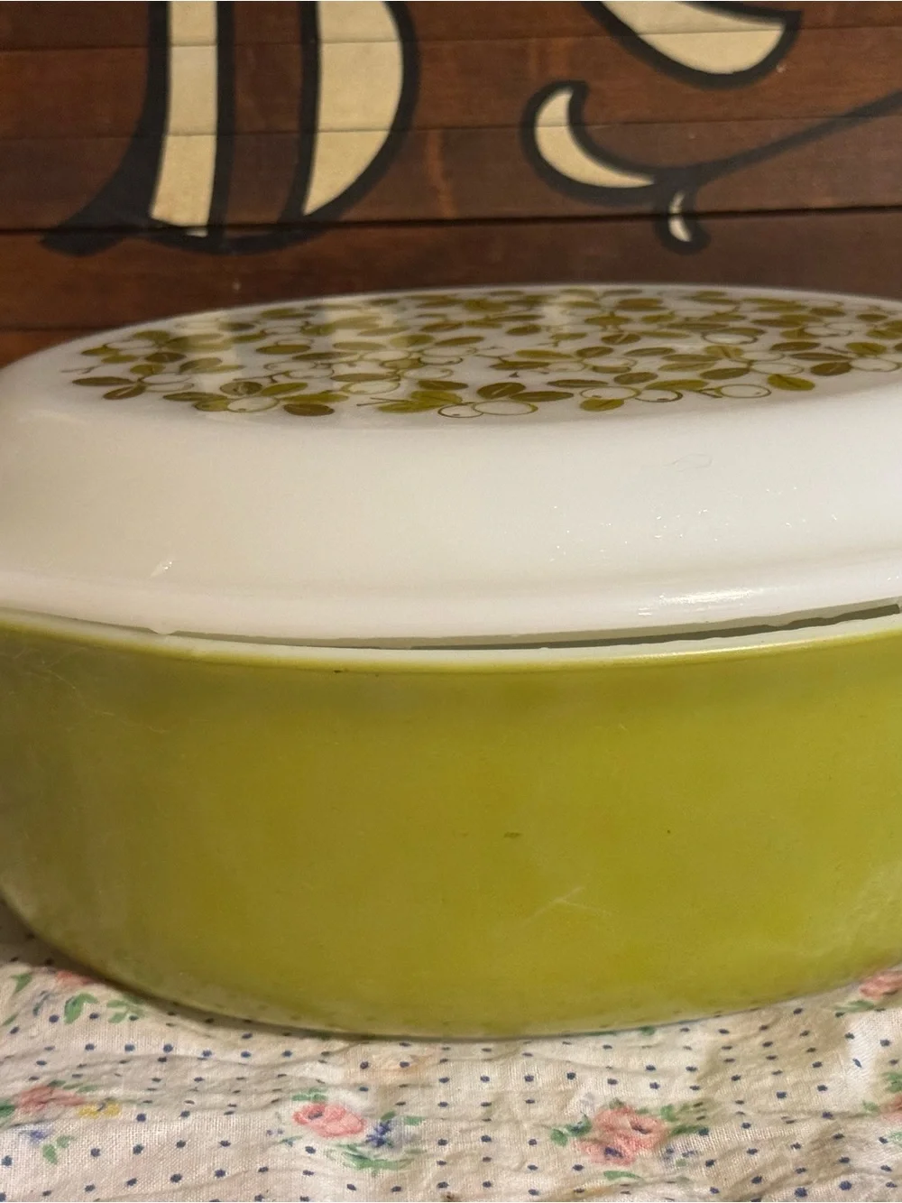 Pyrex White Covered Dish with Olive Green Berry Pattern